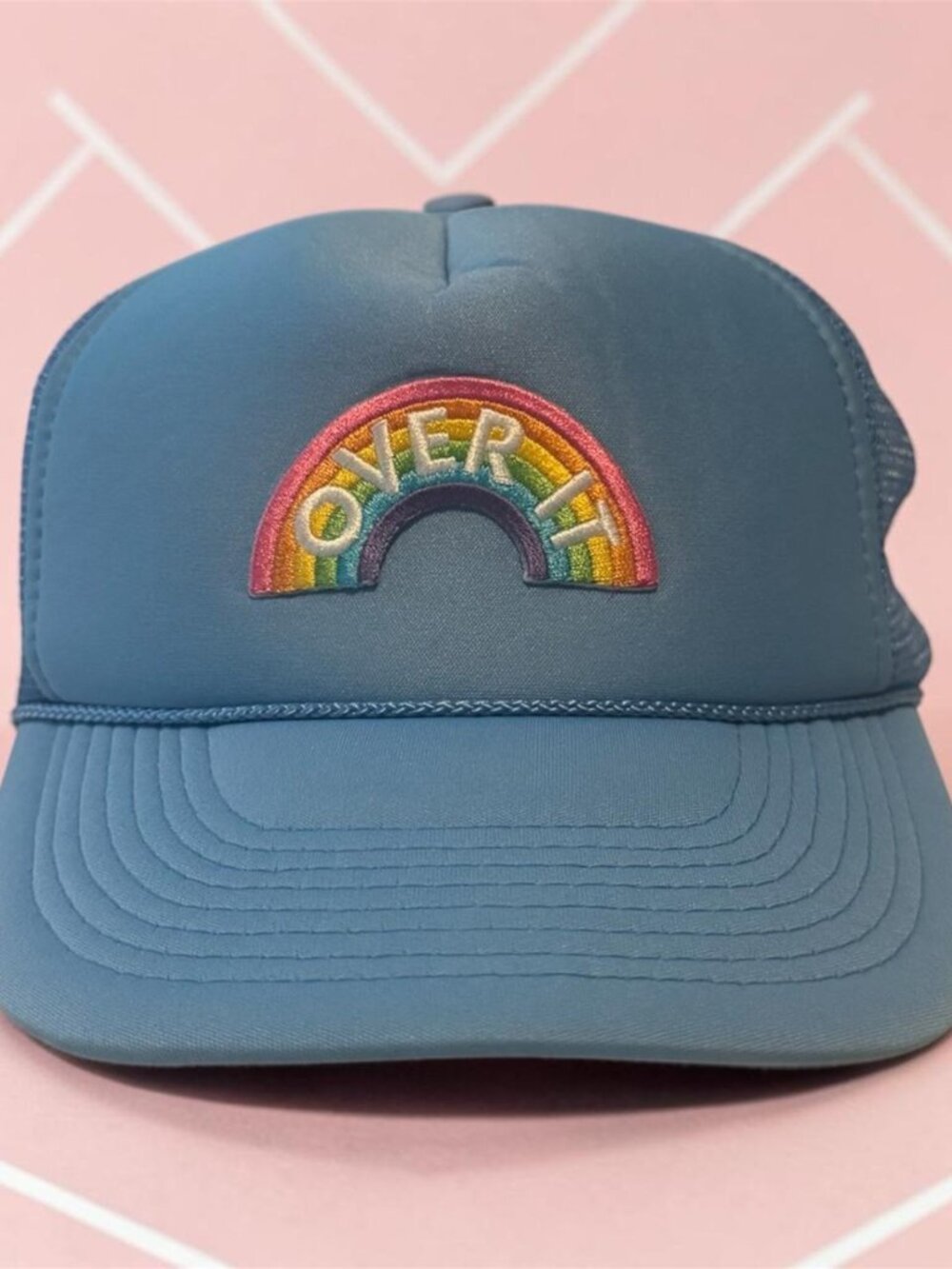 Blue Rainbow Arch Trucker Cap | "Over It" Graphic